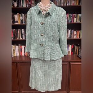 St. John Mint Green White Tweed Skirt Set 16 14